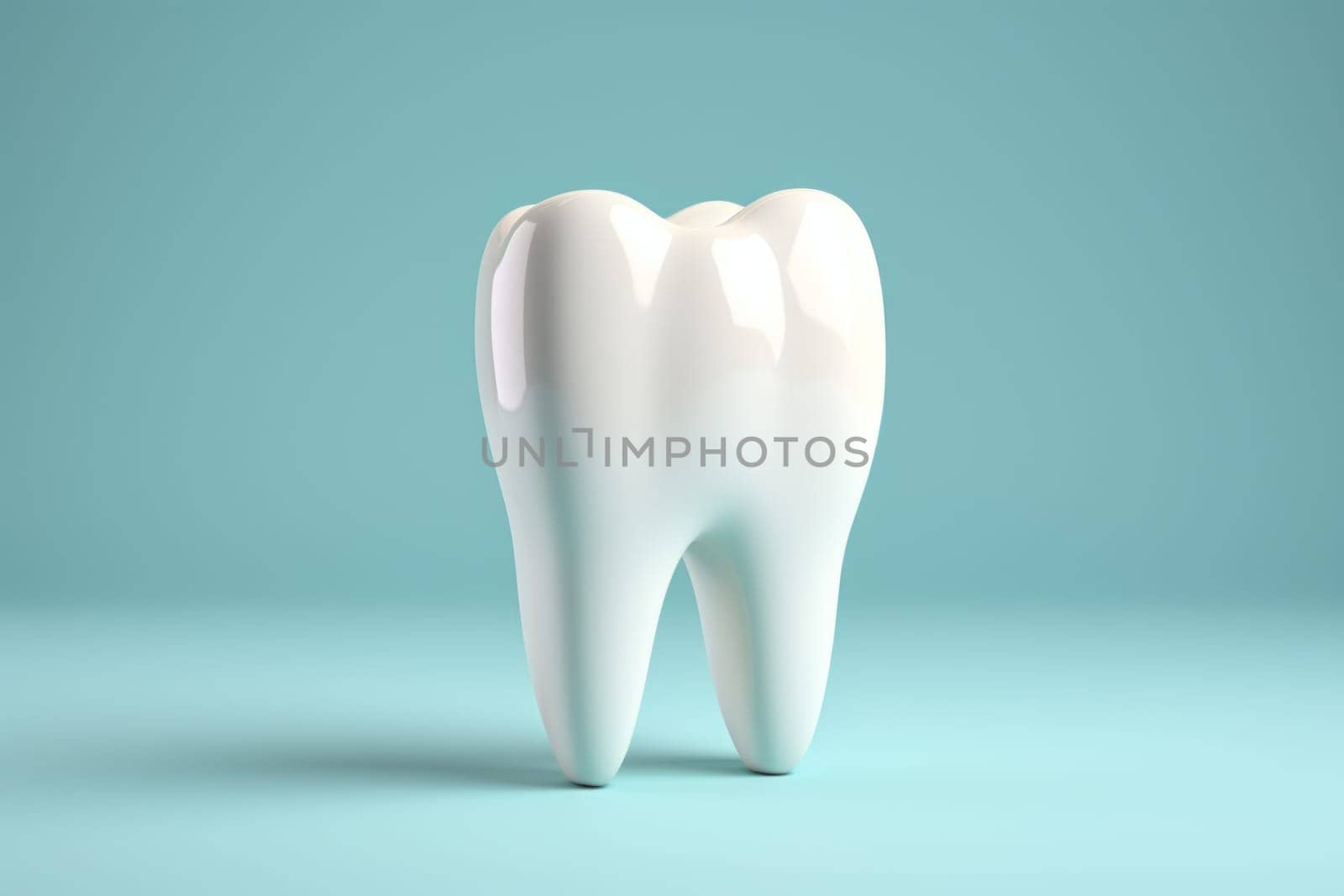 Tooth on blue backdrop with copy space. Generative AI.