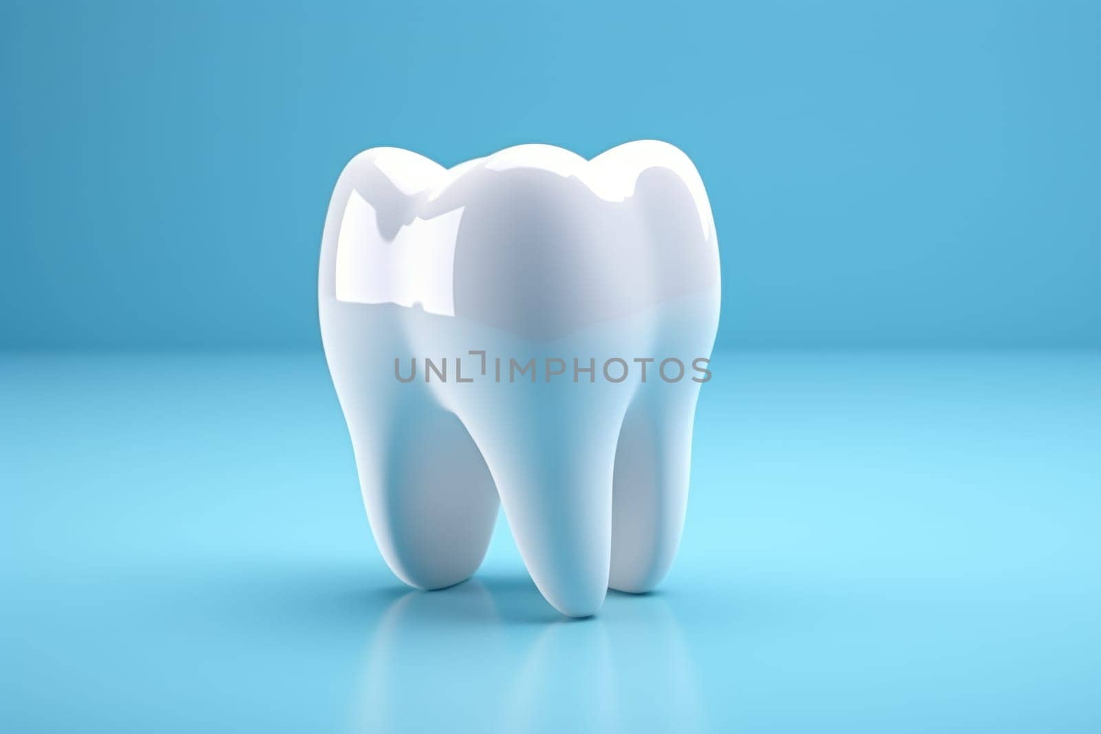 Tooth on blue backdrop with copy space. Generative AI by golfmerrymaker