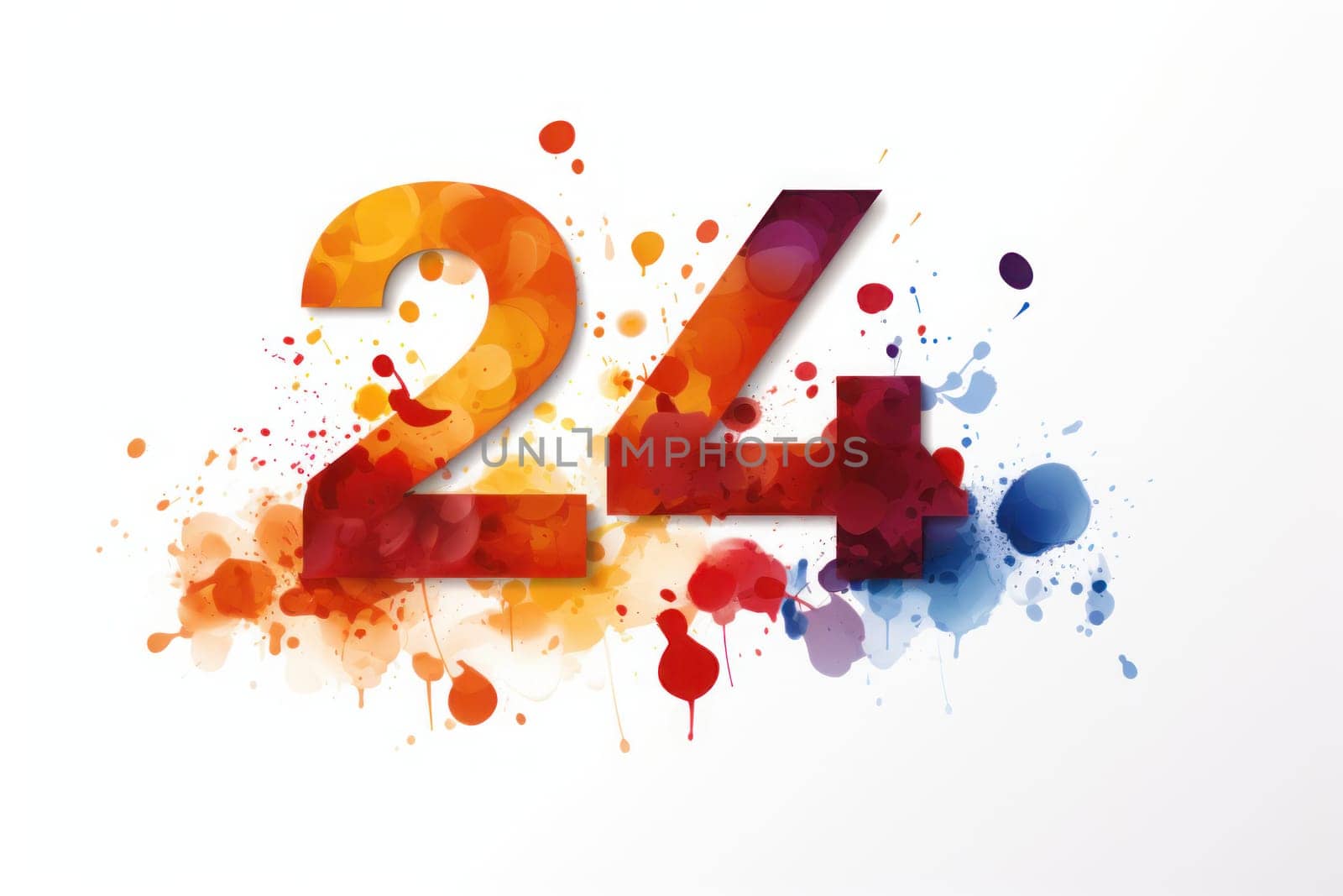 Brightly colored number 24 reflecting the new year on white background. Generative Ai.