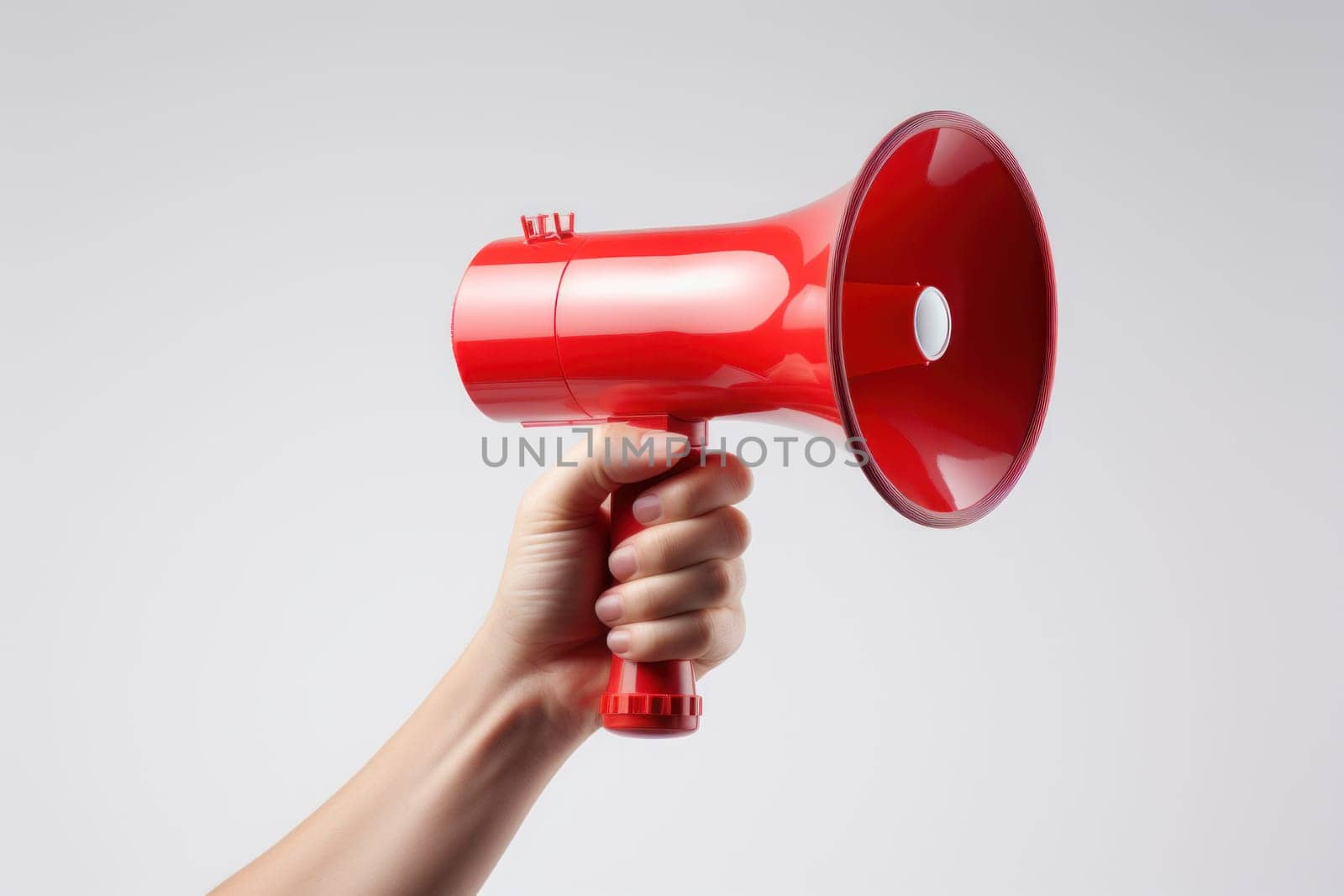 Hand with a megaphone, on a white background. Generative AI.