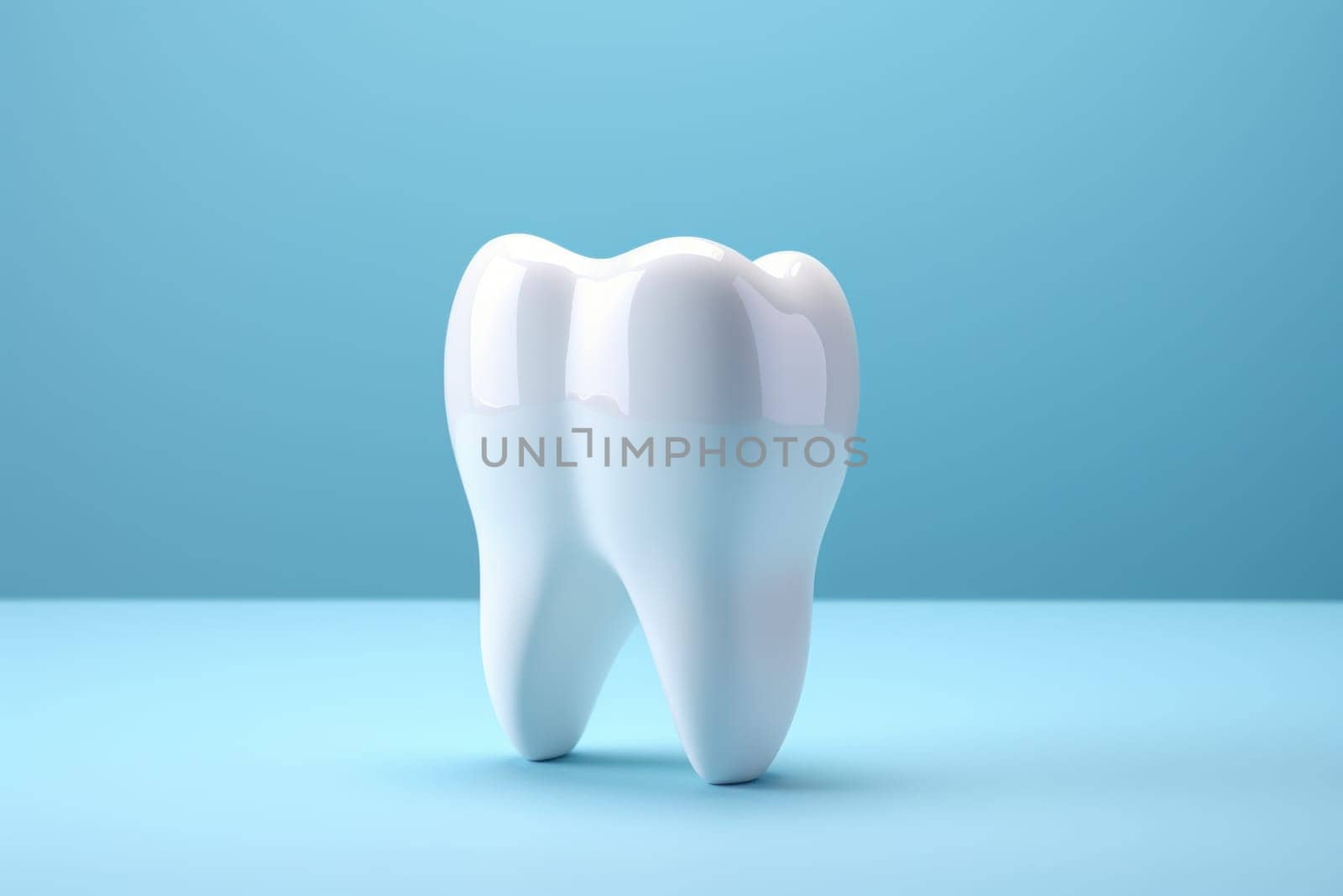 Tooth on blue backdrop with copy space. Generative AI.