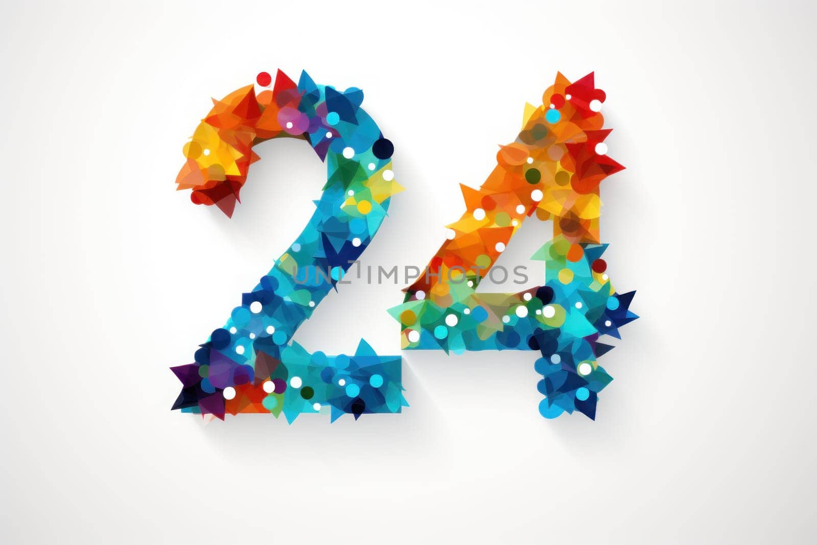 Brightly colored number 24 reflecting the new year on white background. Generative Ai by golfmerrymaker