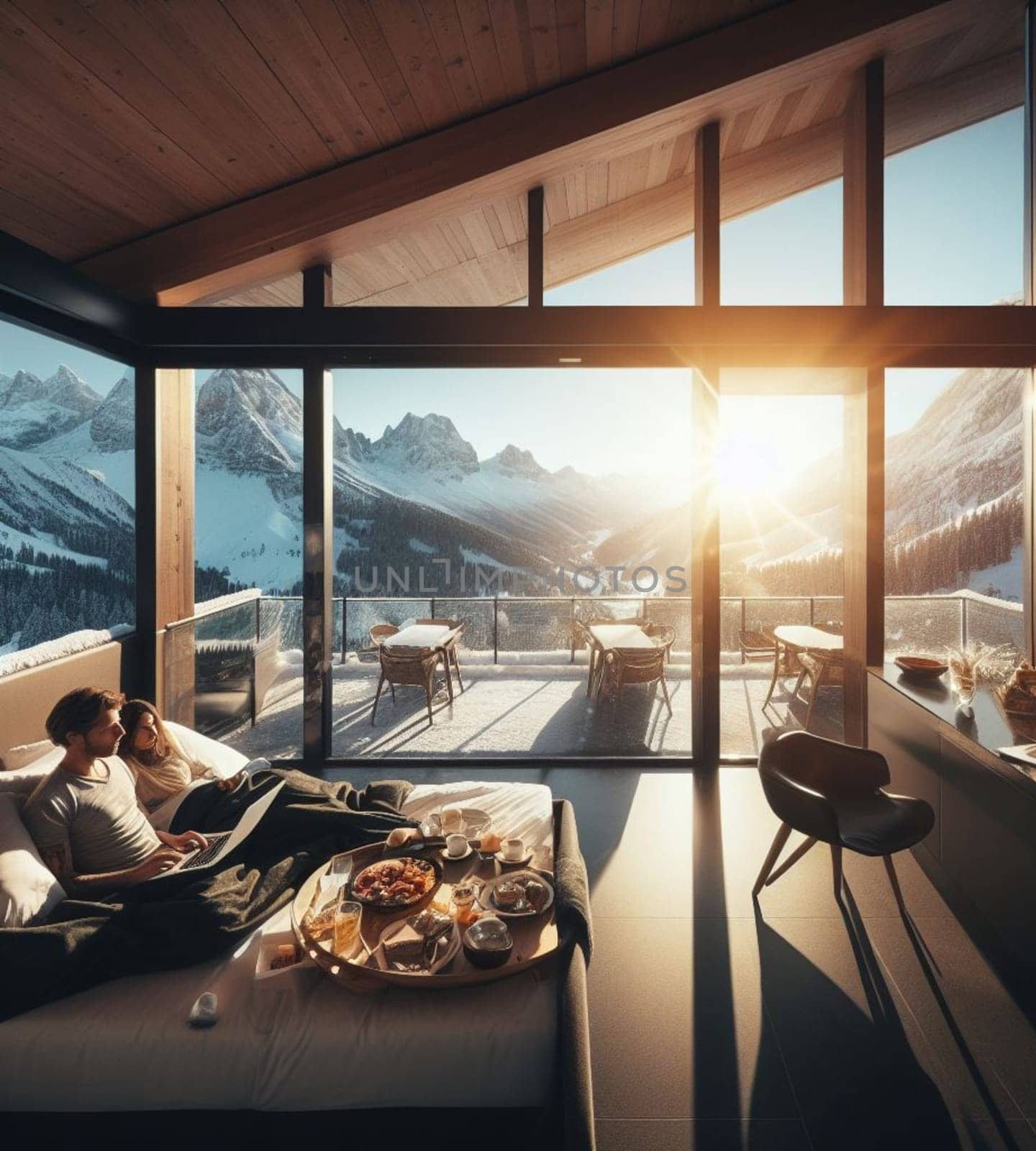 digital influencer nomad comfortable trade remote work laptop luxury cabin wintertime mountain view generative ai art