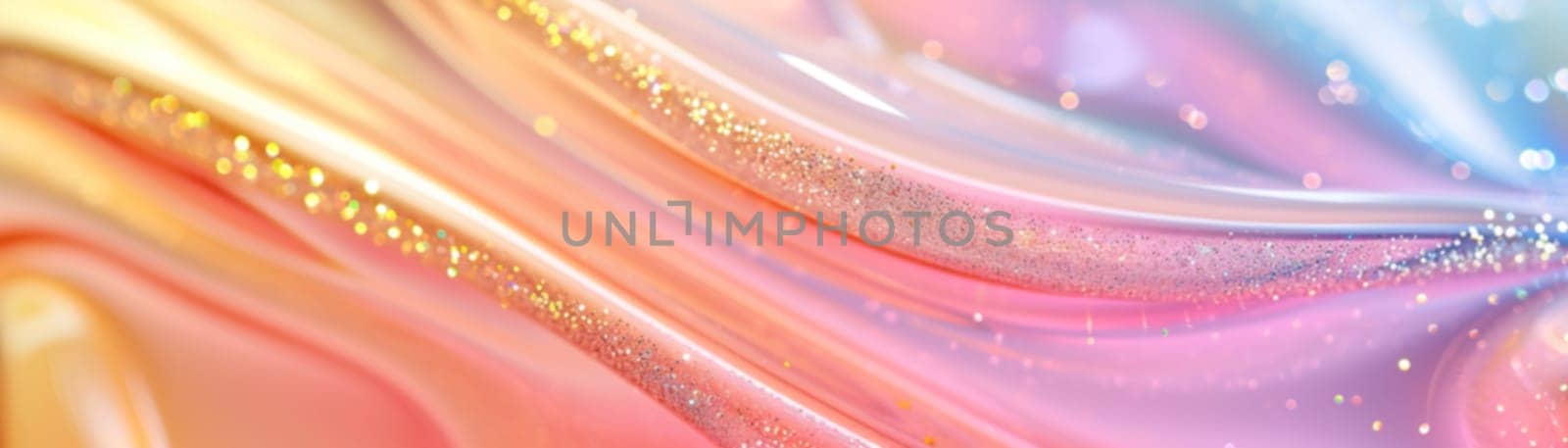 Vibrant swirls of cosmetic textures with glitter, ideal for beauty product backgrounds, makeup marketing, or artistic wallpaper designs. Close up view. Panoramic banner. Generative AI