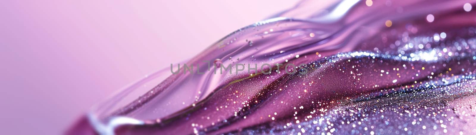 Glossy purple fluid texture with glitter, shiny particles, perfect for beauty and skincare ads, artistic backgrounds, or luxury product visuals. Close up view. Panoramic banner. Generative AI