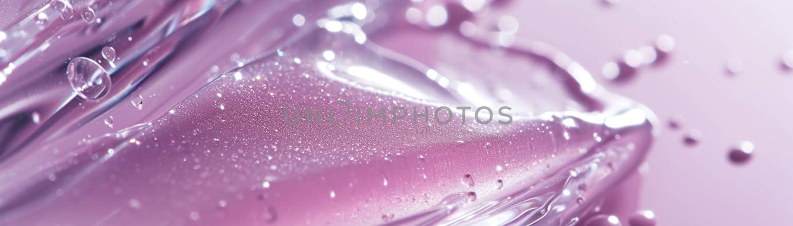 Glossy purple fluid texture with glitter, shiny particles, perfect for beauty and skincare ads, artistic backgrounds, or luxury product visuals. Close up view. Panoramic banner. Generative AI
