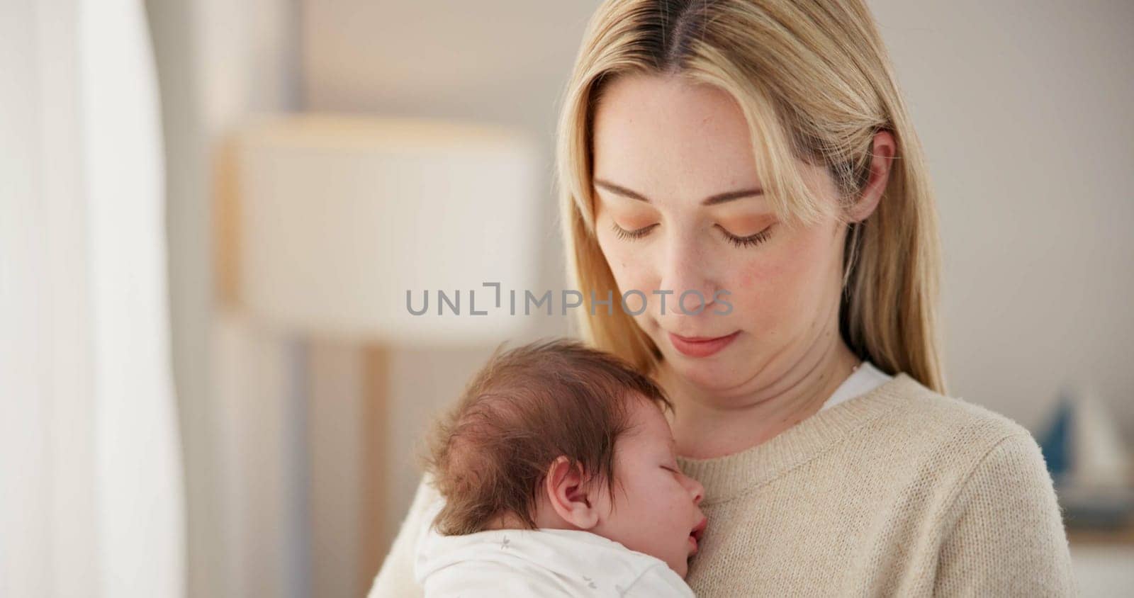 Newborn, love and mother with baby for sleeping, bonding and child development together at home. Family relationship, motherhood and mom carry infant for care, support and dreaming in nursery room.