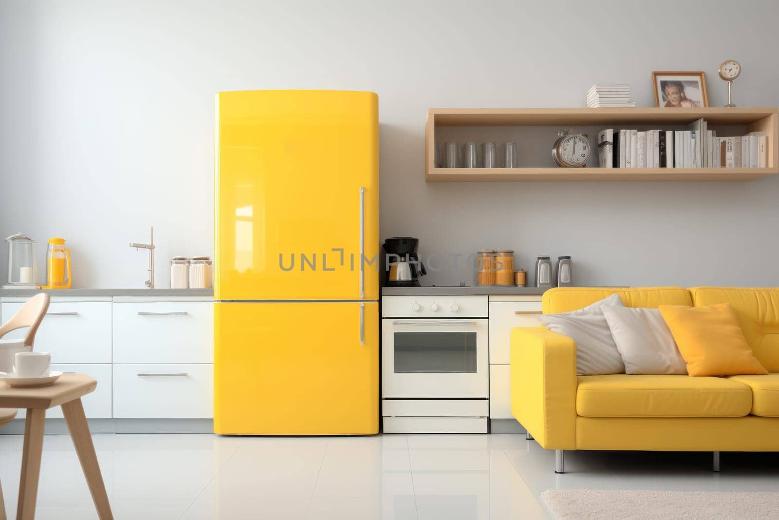 Interior of kitchen with yellow fridge, counters, sofa and shelving unit. Generative AI by golfmerrymaker