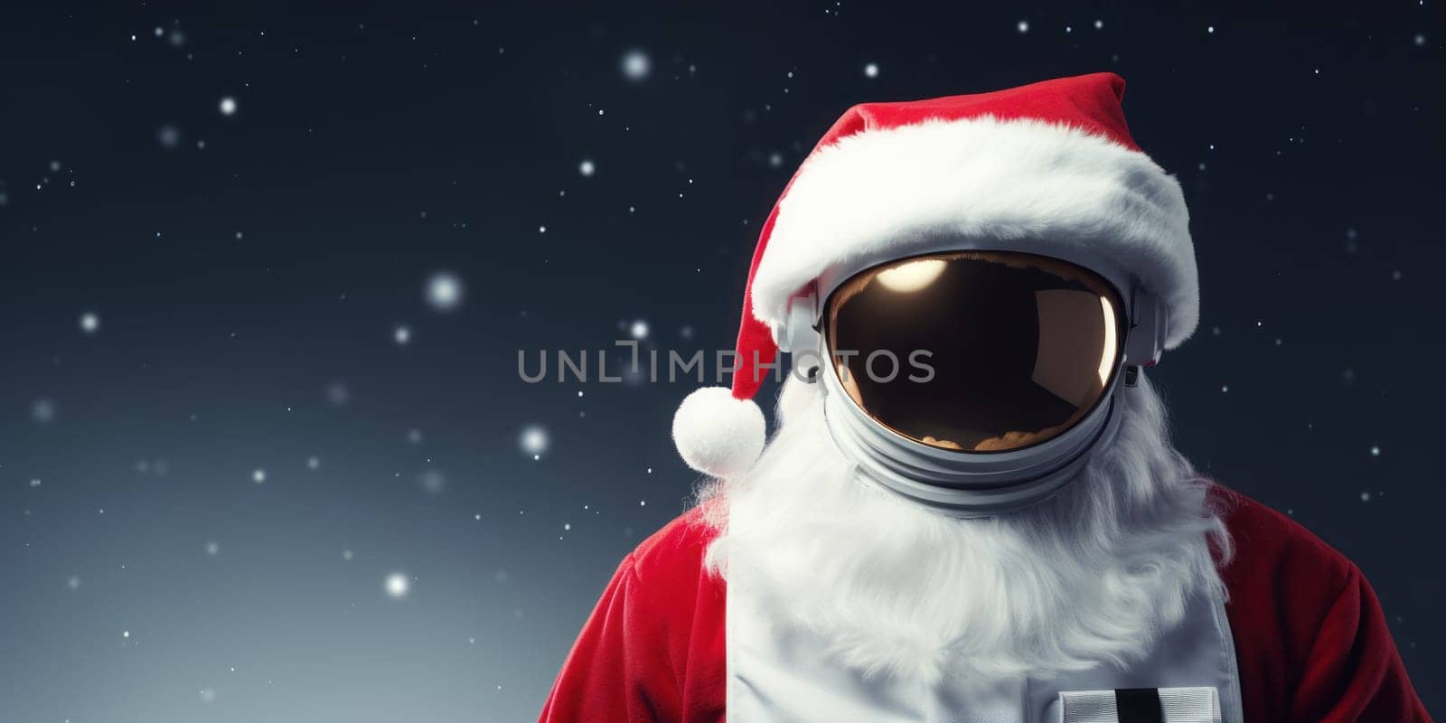 Astronaut wear a Santa hat close up super realistic photo,empty space. Generative AI.