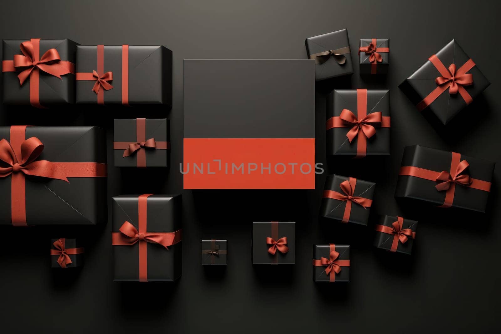 Black Friday banner with gift boxes in top view. Generative AI by golfmerrymaker