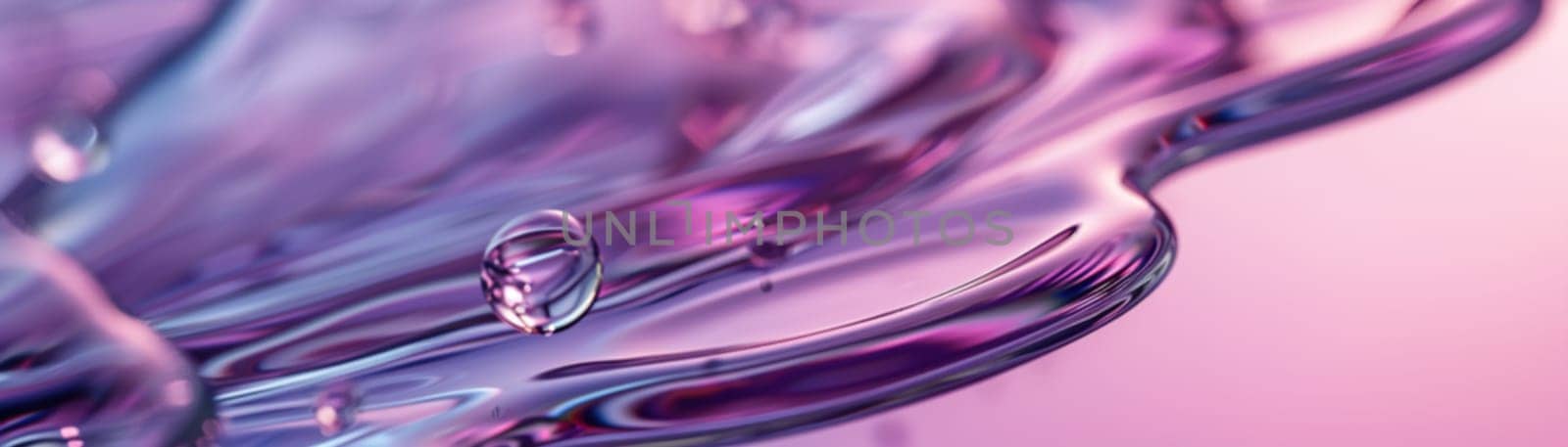Glossy purple fluid texture with reflective highlights, perfect for beauty and skincare ads, artistic backgrounds, or luxury product visuals. Close up view. Panoramic banner. Generative AI