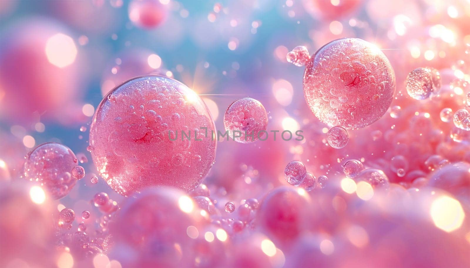 Cosmetic serum cells colorful. Collagen and vitamin drop skin cell. concept cosmetics solution. serum through the skin layer and reduce up saggy skin of the skin cell. 3d rendering. background Copy space