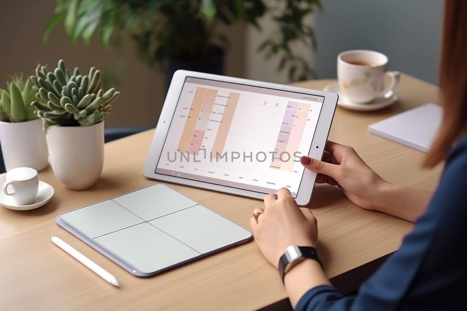 Woman's hands writing on the document of tablet mockup with digital planner on screen. Generative AI.