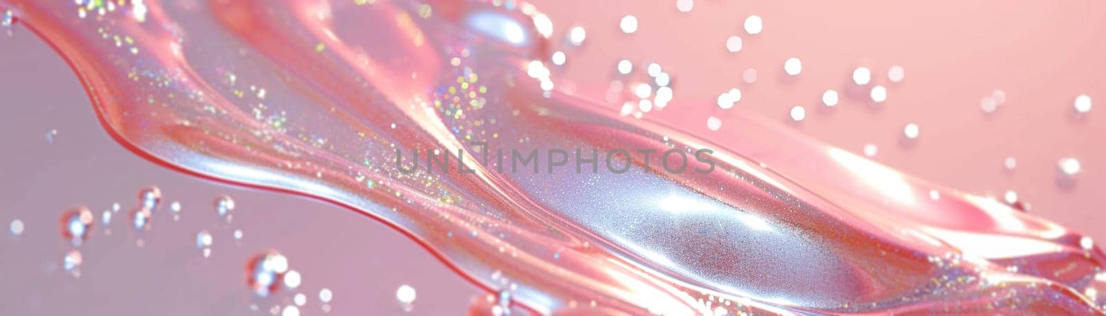 Glossy pink fluid texture with reflective highlights, perfect for beauty and skincare ads, artistic backgrounds, or luxury product visuals. Close up view. Panoramic banner. Generative AI