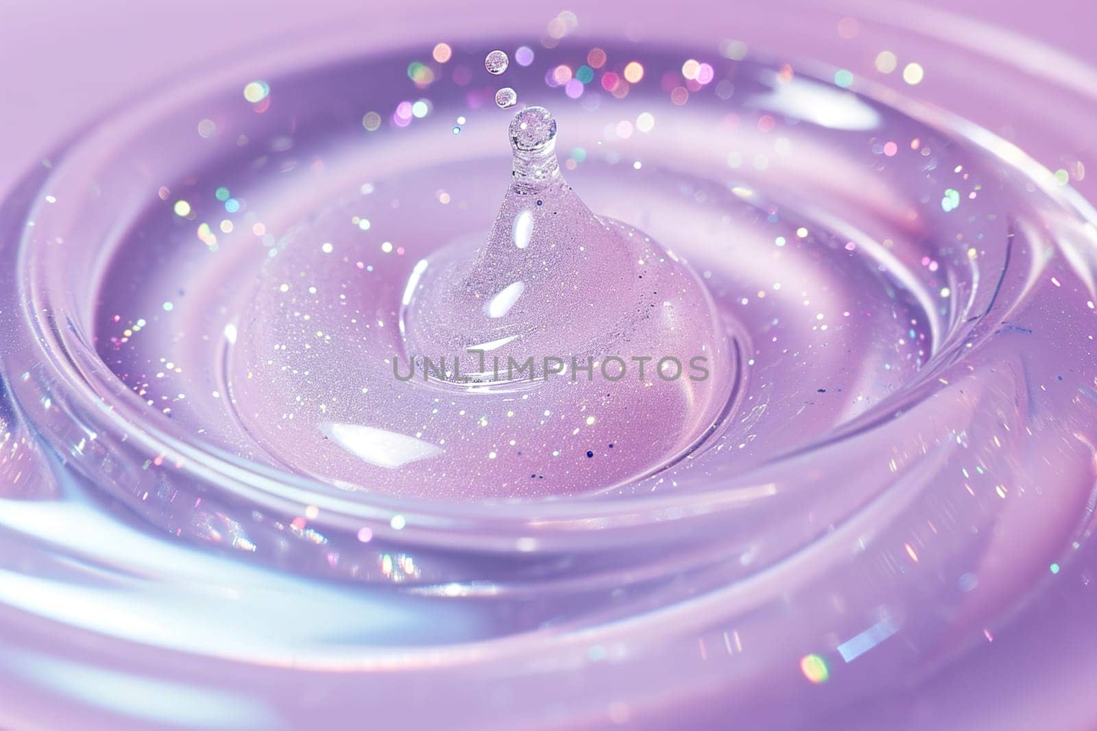 Lavender-hued cosmetic gel with sparkling glitter, perfect for beauty product imagery, skincare advertising, or glamorous makeup backgrounds.. Close up view. Generative AI. by creativebird