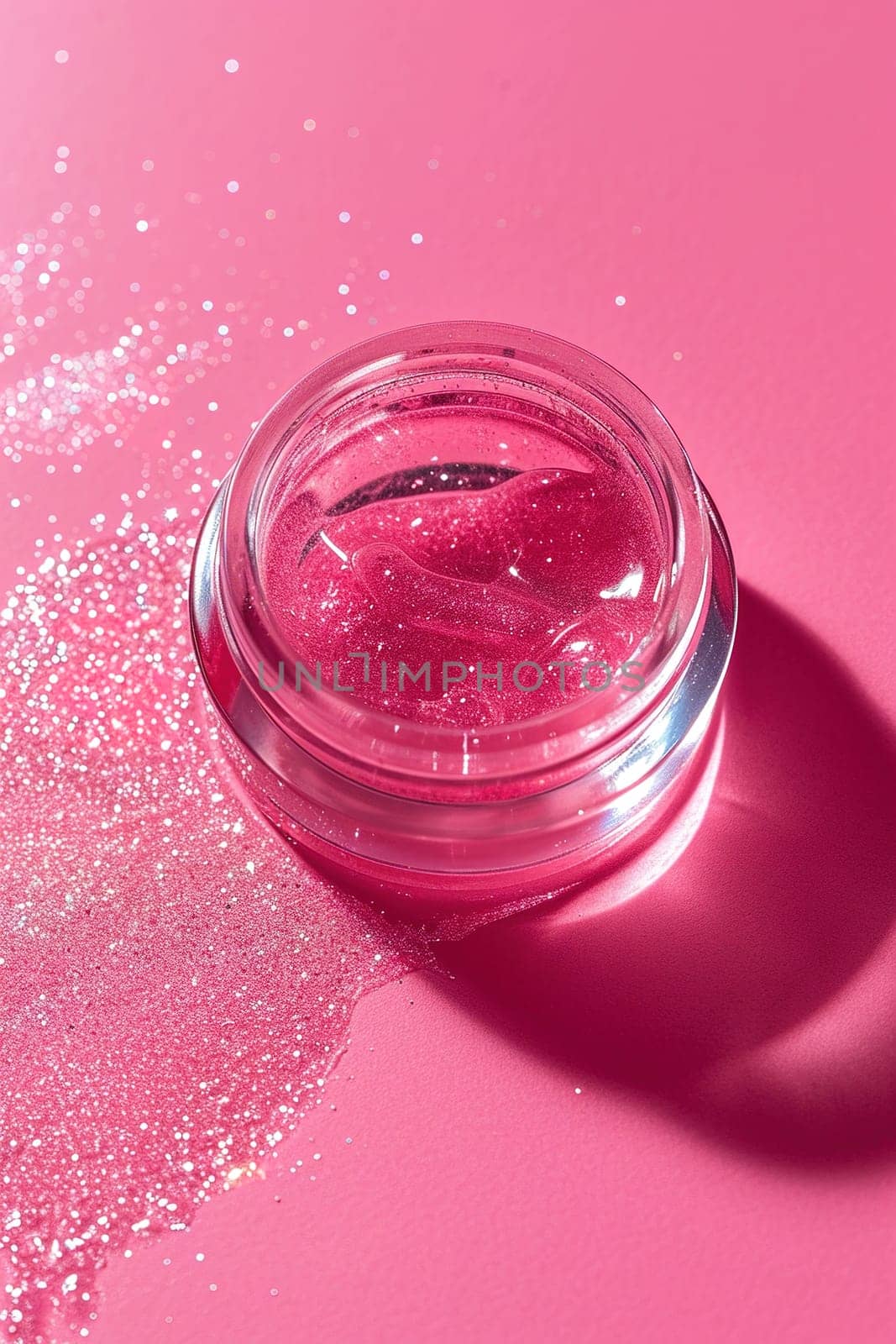 Shimmering pink cosmetic gel in a clear jar set against a pink background, ideal for beauty, skincare, and makeup promotions or as a vibrant backdrop. Generative AI. by creativebird