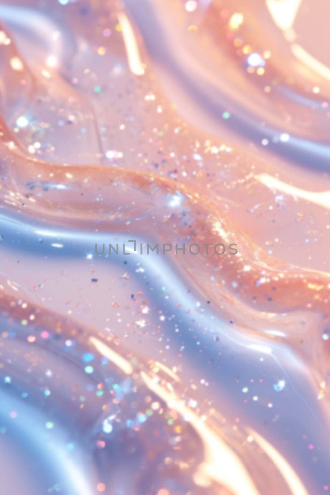 Iridescent cosmetic gel with sparkling glitters, ideal for beauty product backgrounds, makeup and skincare advertisements, or luxury brand presentations. Soft focus. Vertical picture. Generative AI