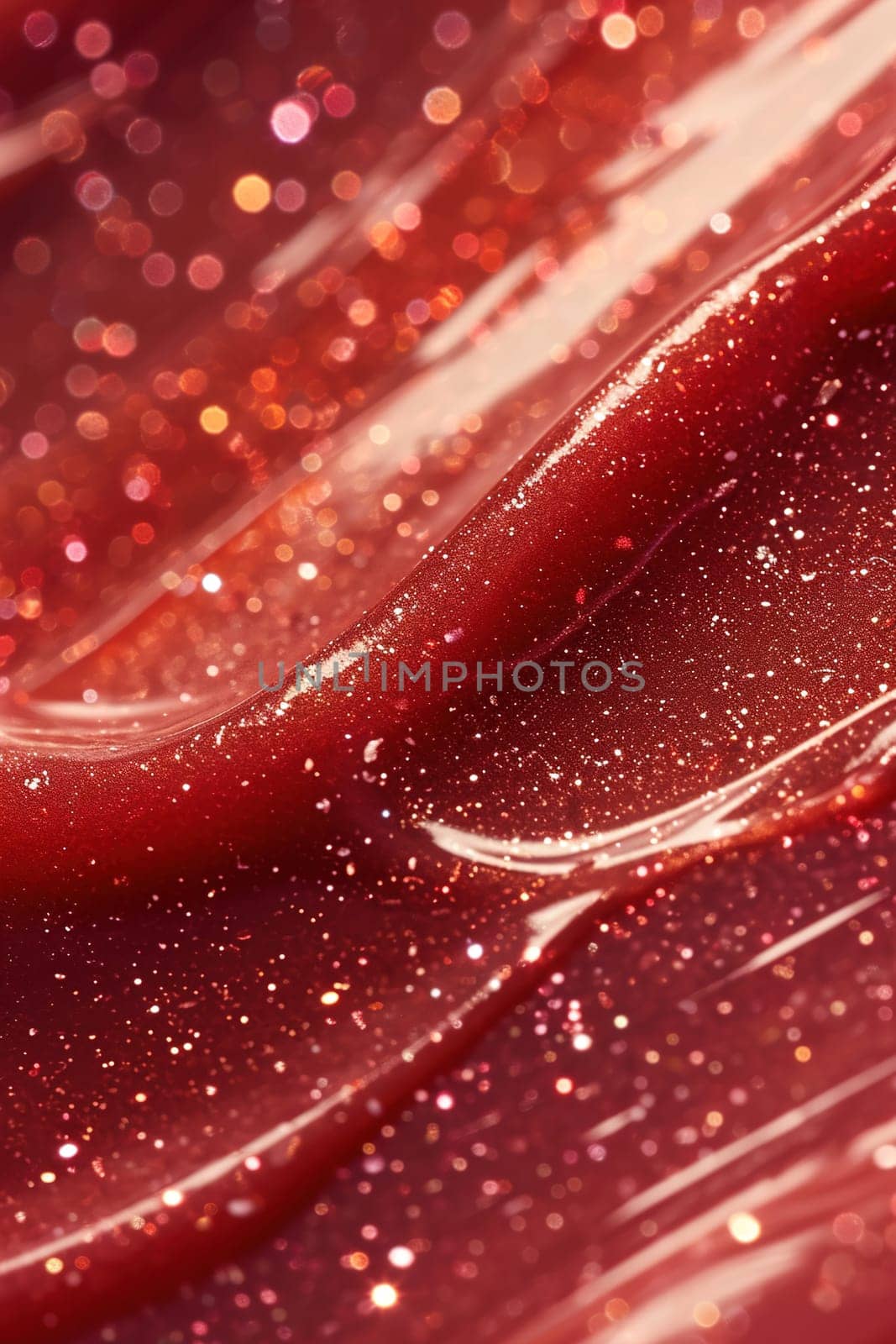 Vibrant red cosmetic gel texture with sparkling flecks, perfect for makeup and skincare advertising, festive backgrounds, or luxury product visuals. Close up view. Vertical picture. Generative AI