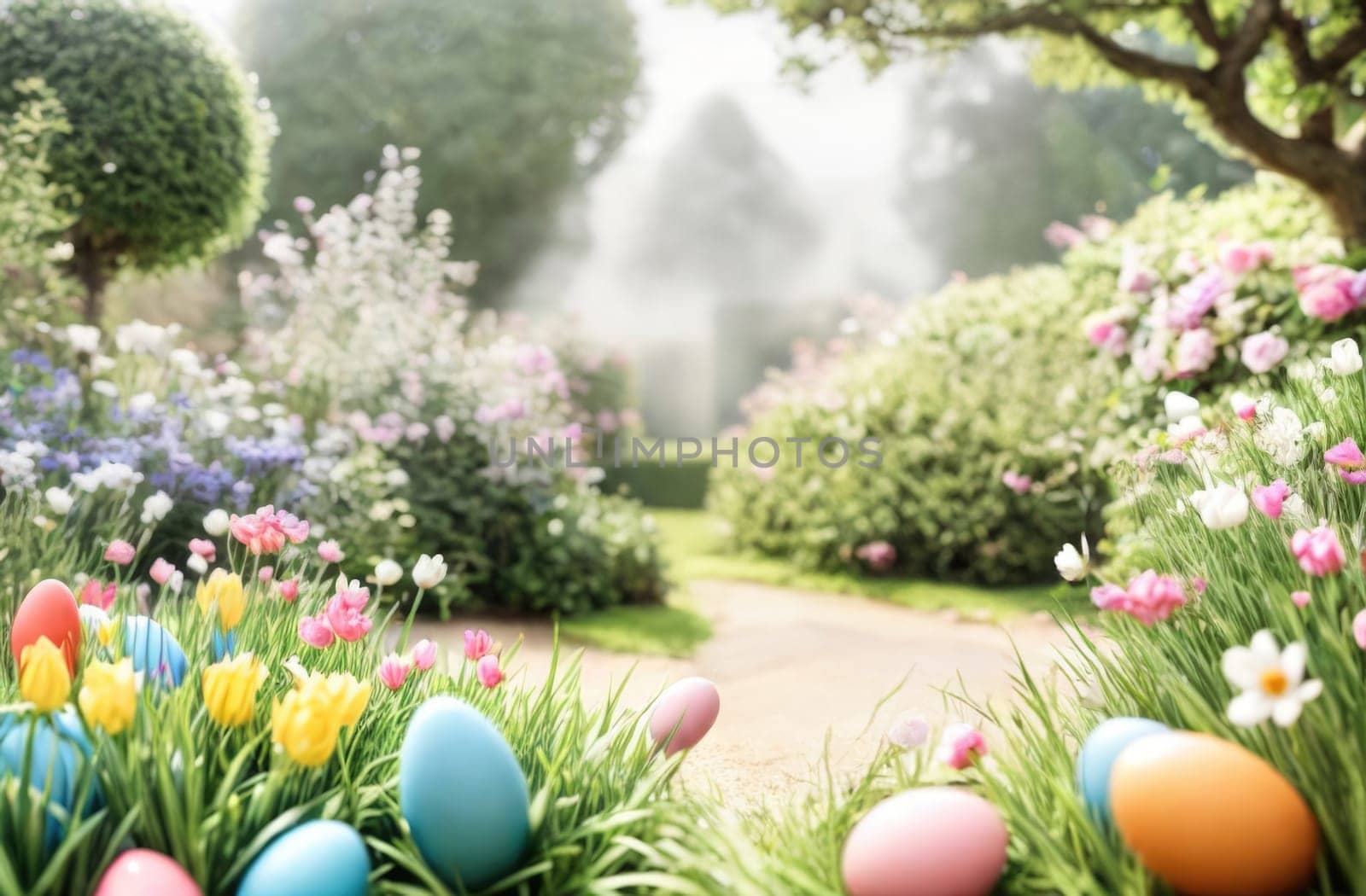 A spring garden with eggs for basket for Easter by Godi