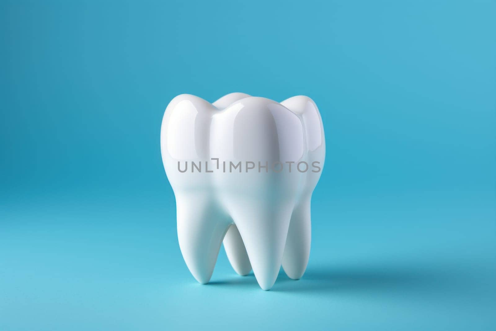 Tooth on blue backdrop with copy space. Generative AI by golfmerrymaker