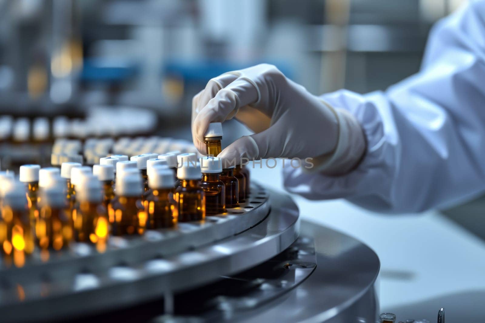 Medical vials production concept line hand with sanitary gloves checking pharmaceutical bottles in a medical factory