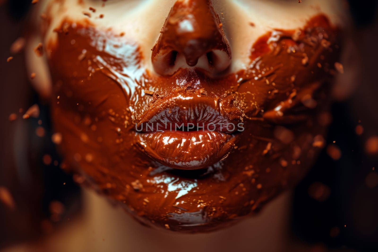 Closeup face of woman surrounded by chocolate, smeared in chocolate