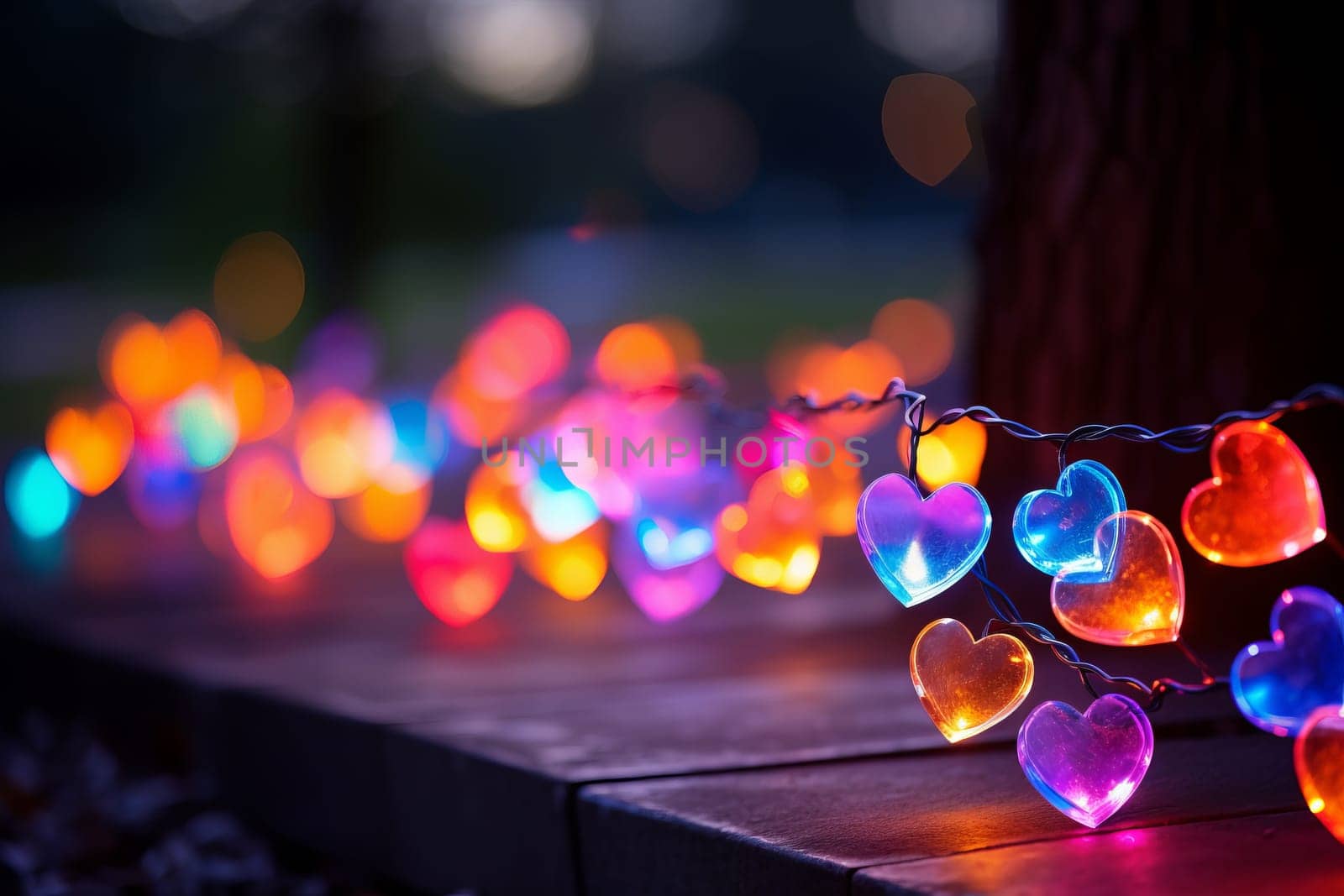 Fairy lights with colorful hearts with bokeh by rusak