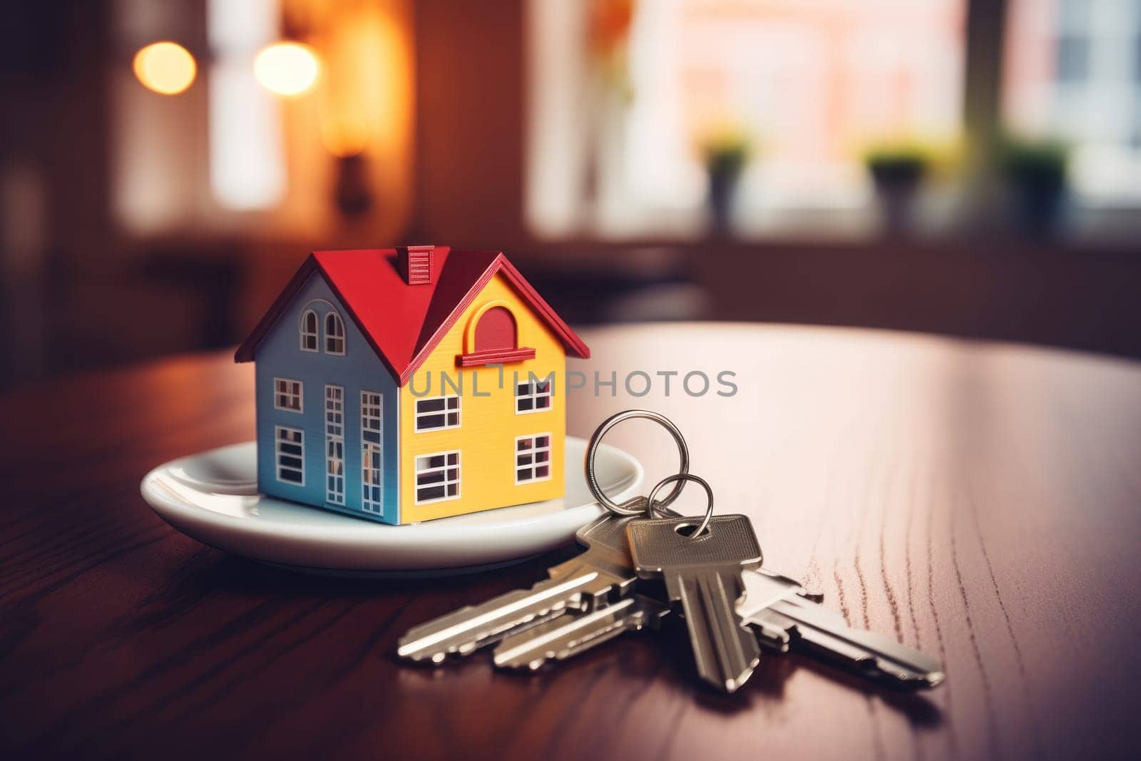 Keys on the table in new apartment or hotel room. Mortgage property concept. Generative AI.