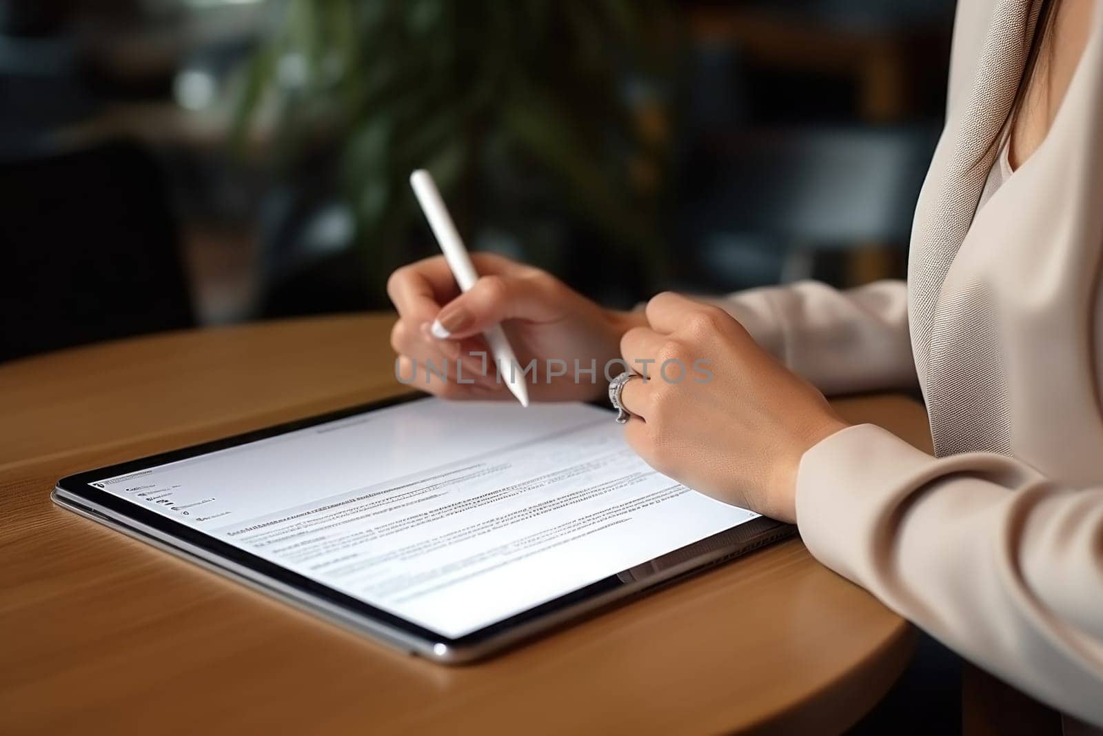 Woman's hands writing on the document of tablet mockup with digital planner on screen. Generative AI.