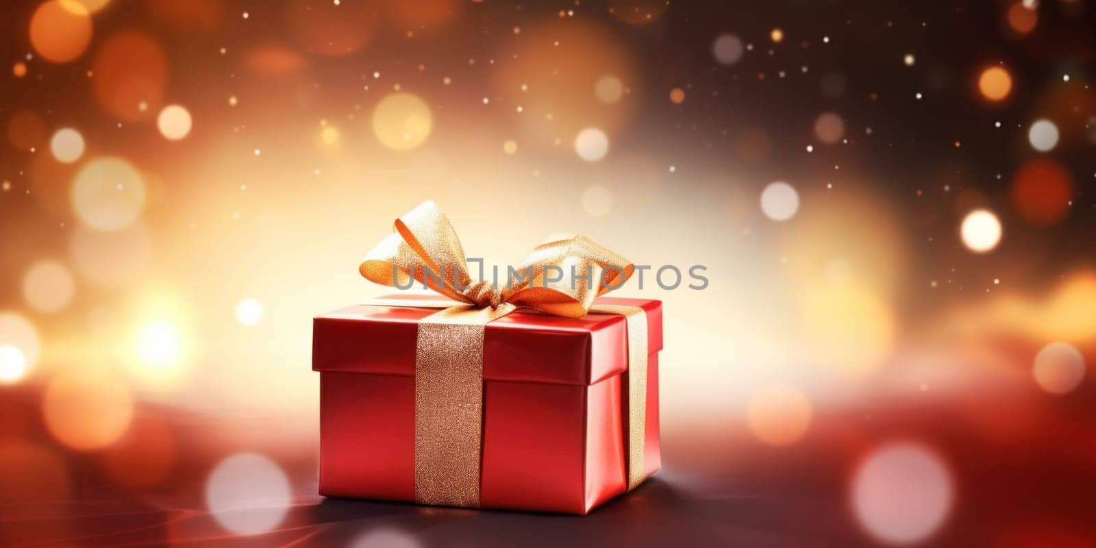 Christmas gift box in a shiny package with a bow on a bokeh background. Generative AI.