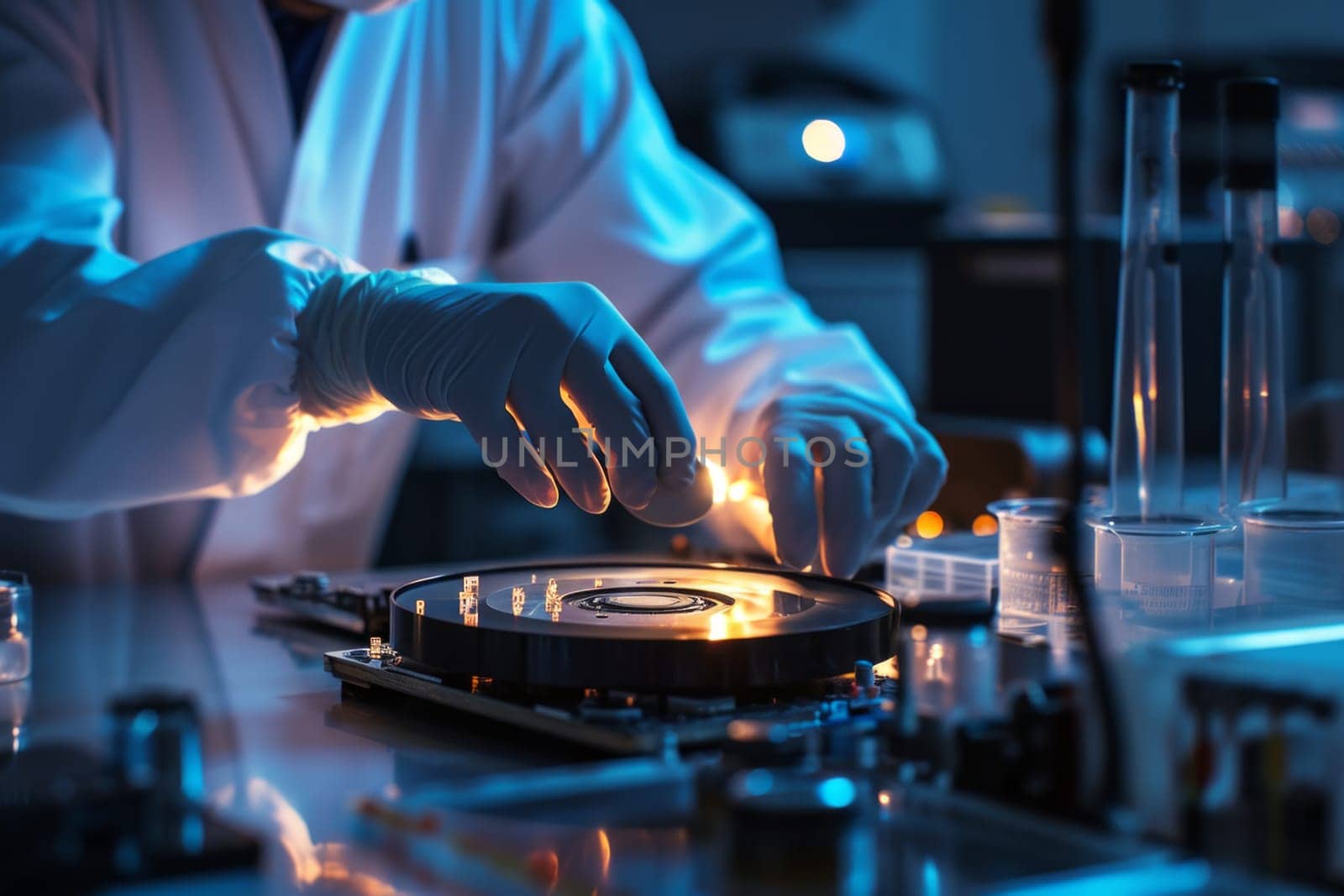 Engineer in protective gloves repairs hard disk in laboratory