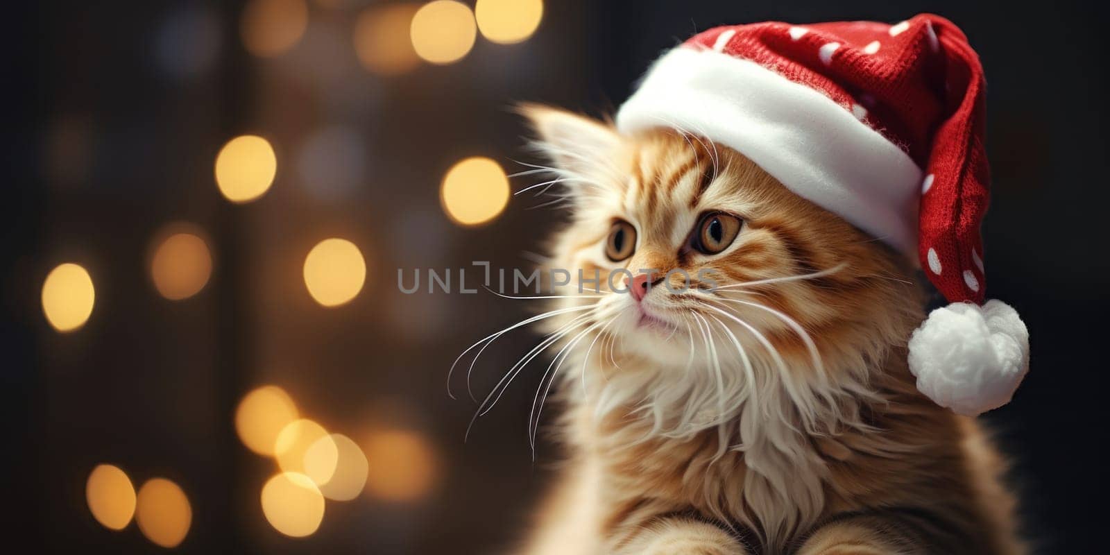 Portrait of a cat with a Santa hat empty space. Generative AI.