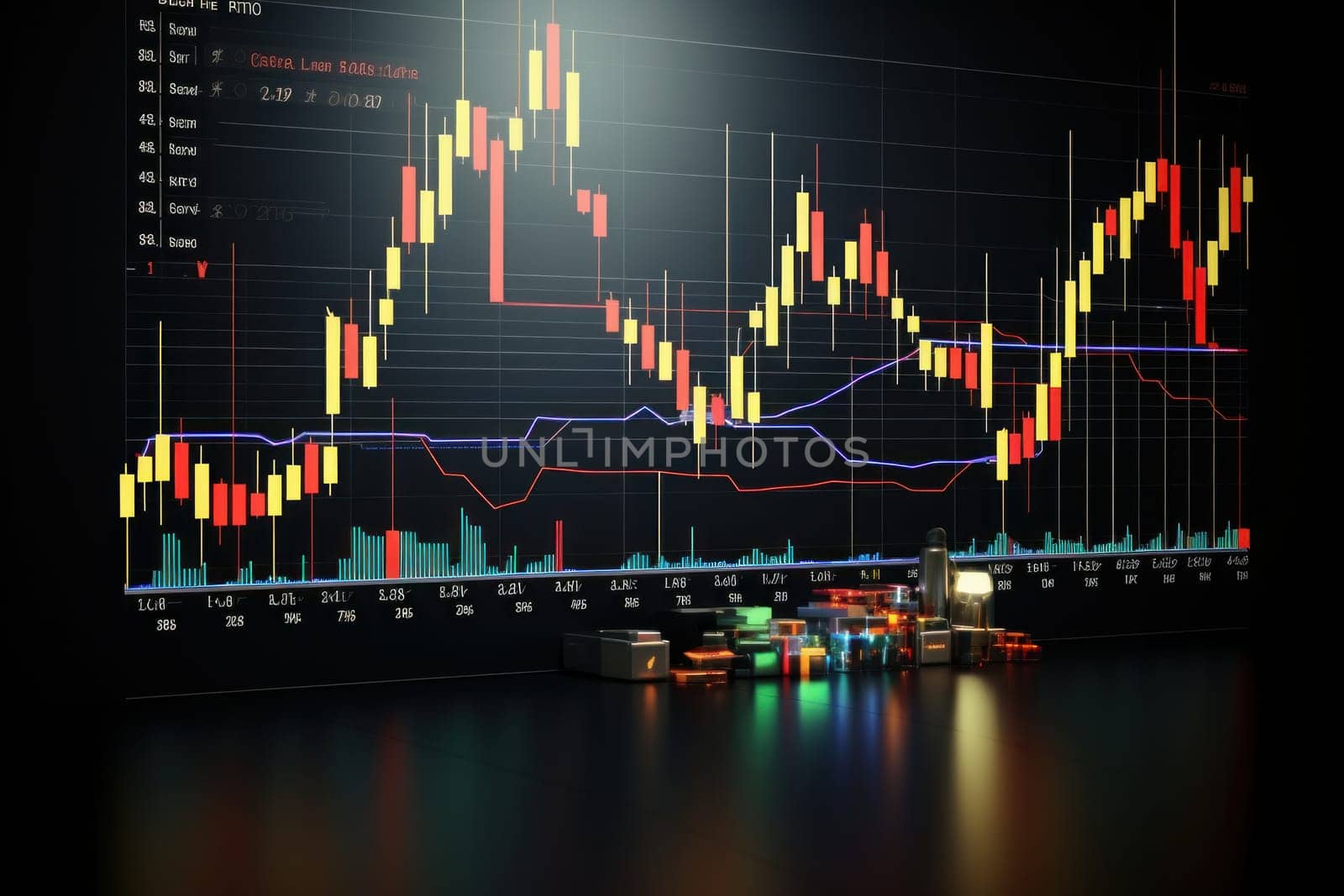 Business stock market, trading, info graphic shown on monitor display screen. Generative AI by golfmerrymaker