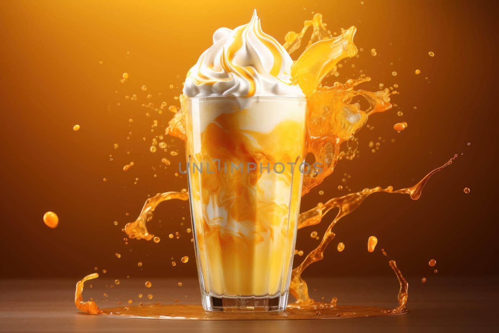 Mango smoothie frappe effect swirling wave Mango milk splash around glass. Generative AI.