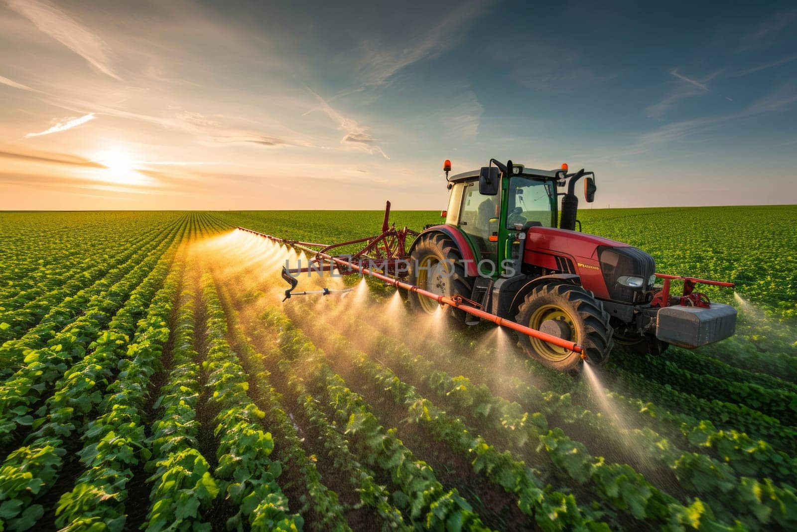 Tractor spraying water or pesticides on a green field farm in the background, summer sunny morning