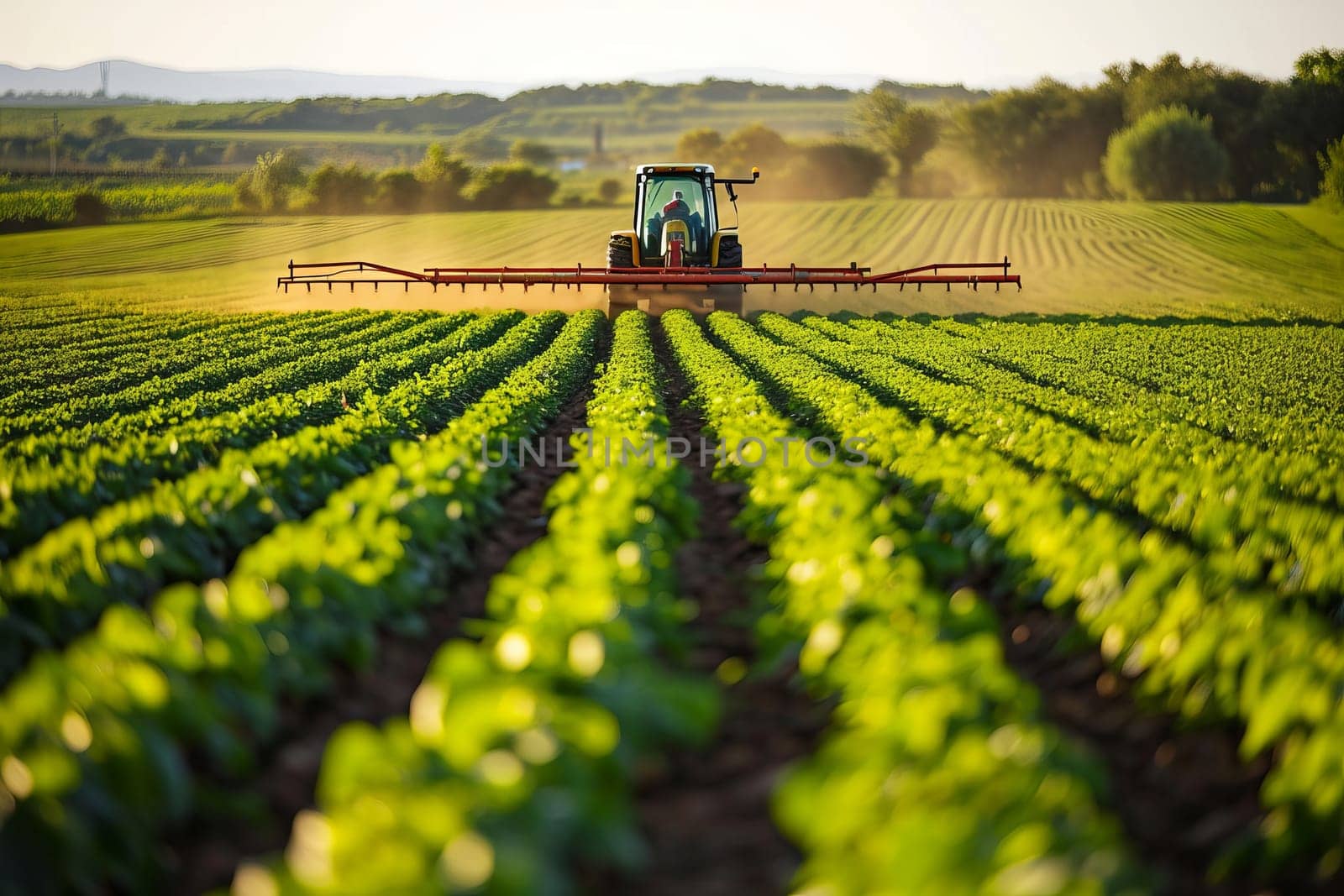 Tractor spraying water or pesticides on a green field farm in the background by rusak