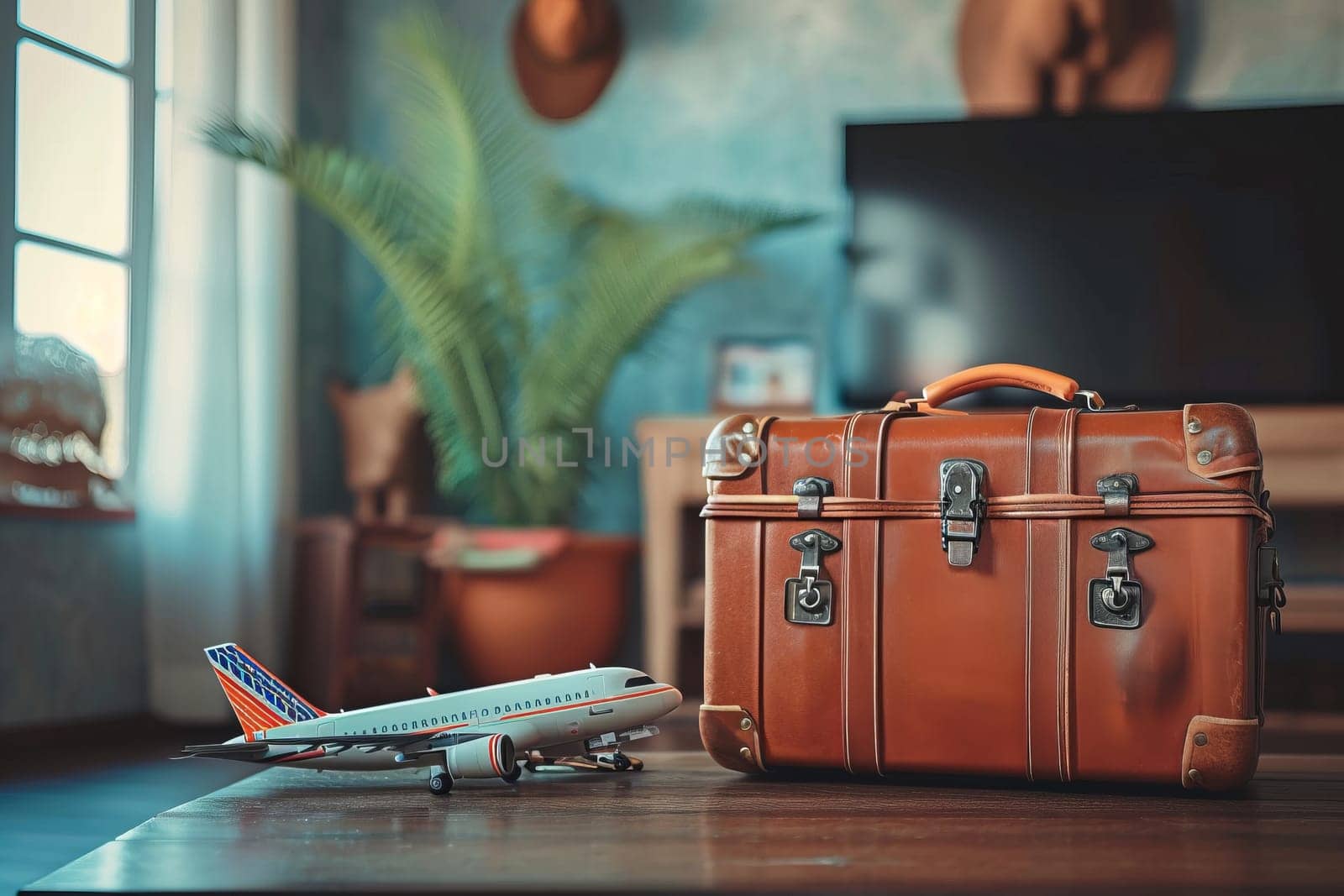 An airplane and a suitcase in a room, travel concept.