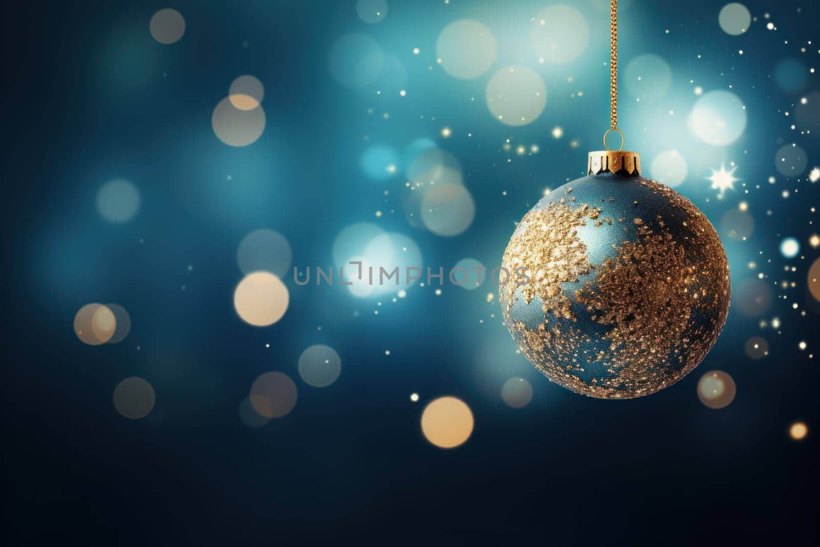 Christmas Tree In Ball Hanging Fir Branch With Golden Glittering On Blue Abstract Night. Generative AI by golfmerrymaker