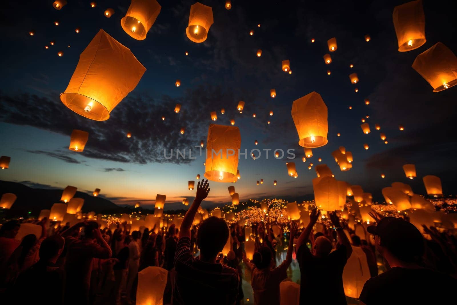 People holding floating lanterns during Yee Peng Festival. Generative AI by golfmerrymaker