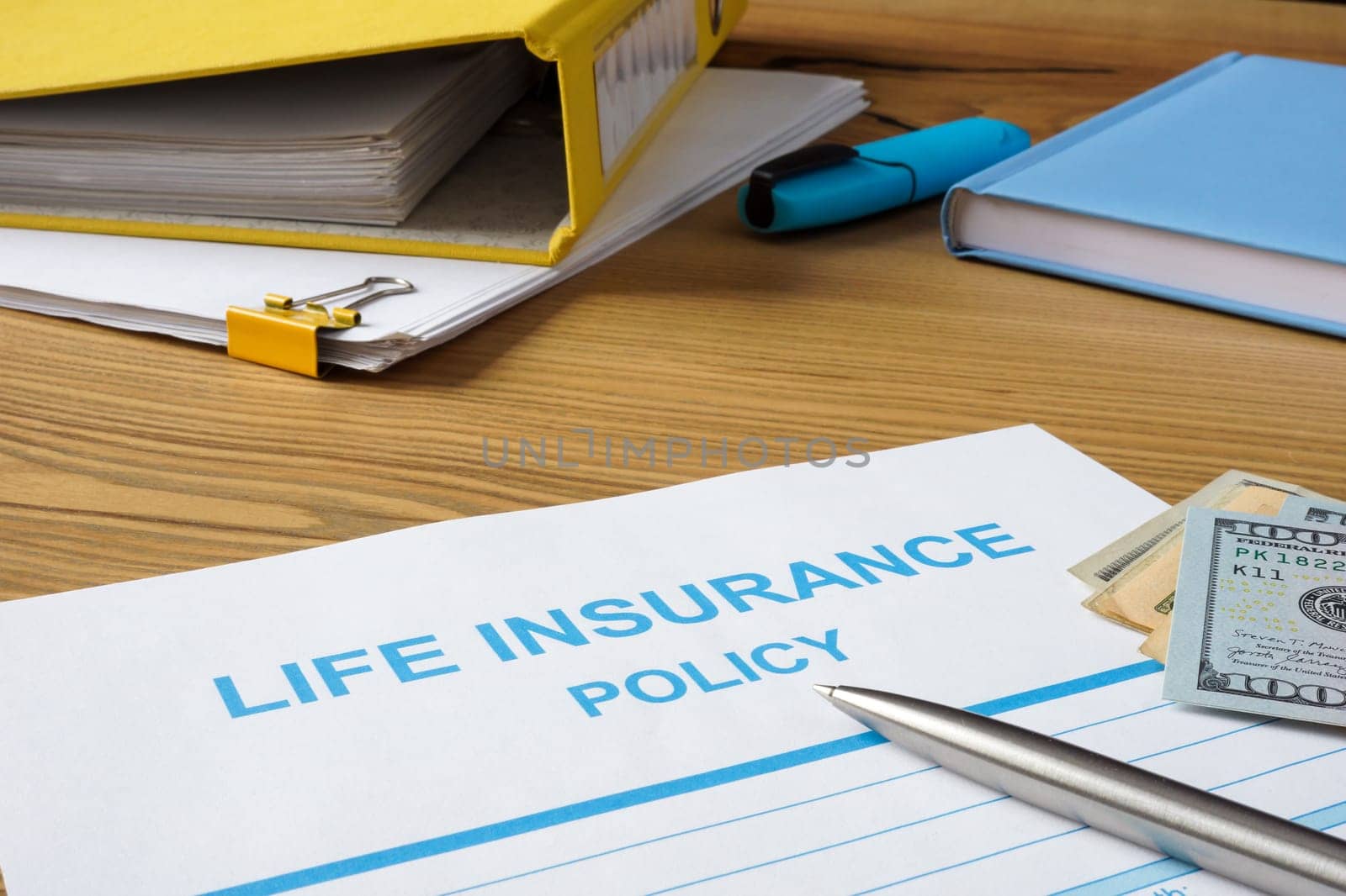 Life insurance policy, money and documents. by designer491