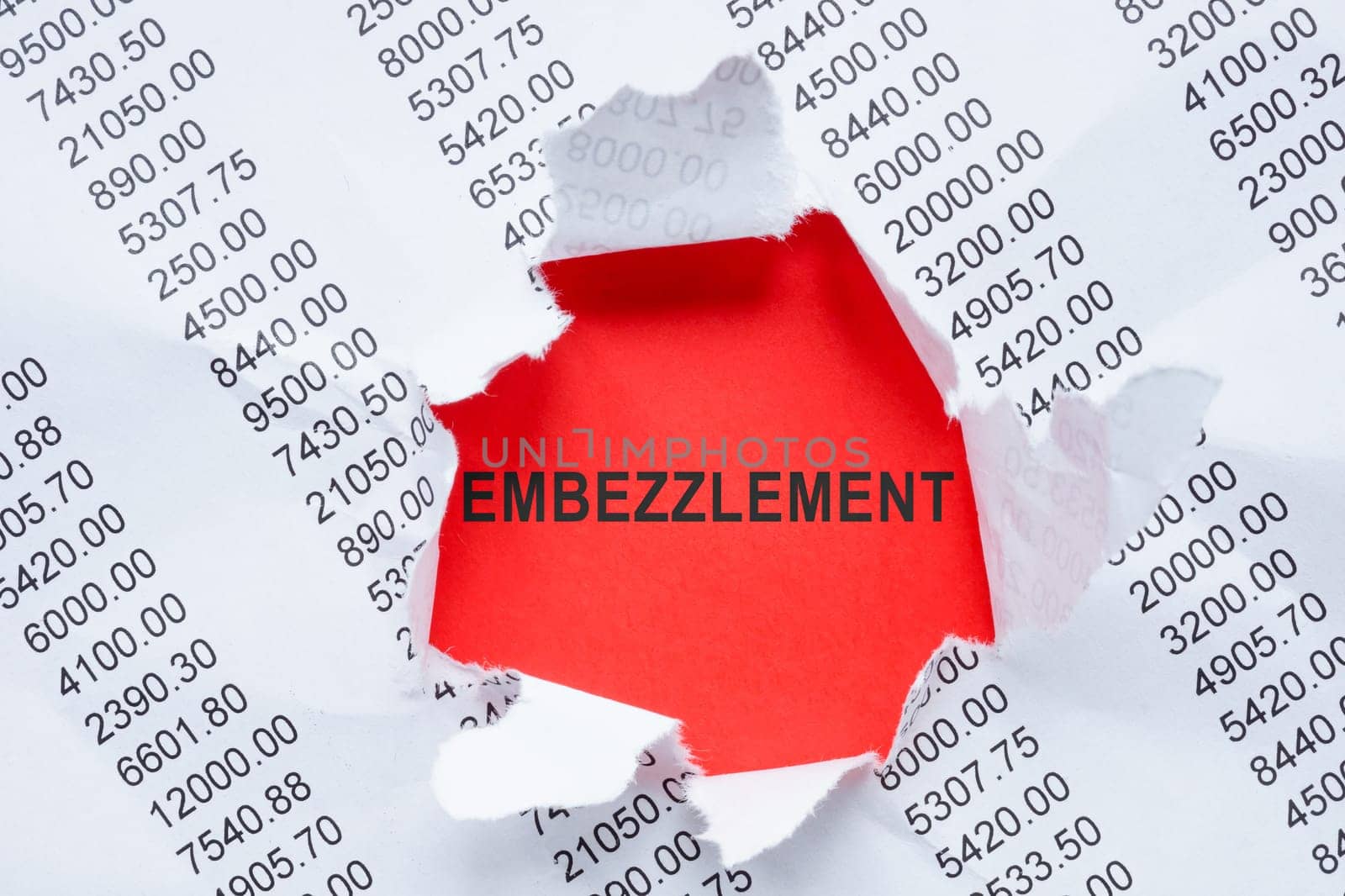 Word Embezzlement and torn paper with data. by designer491