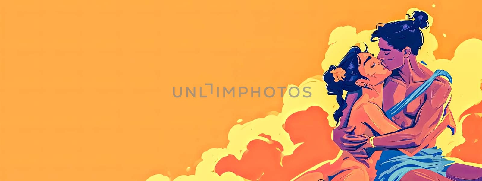 kamasutra, couple in a loving embrace, set against a vibrant orange cloud-like background, ideal for a romantic or Valentine's Day themed banner. by Edophoto