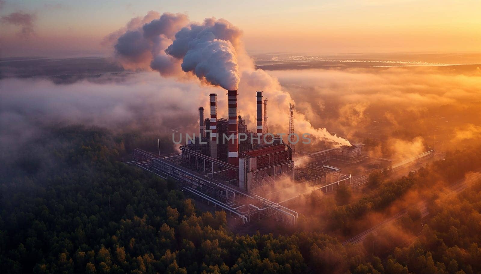 Power plant in the city. Industrial chimneys from factory. Metallurgy blue sky. Metallurgical industrial factory. Poisoned air. Epic pollution of nature. Toxic substances. by Annebel146