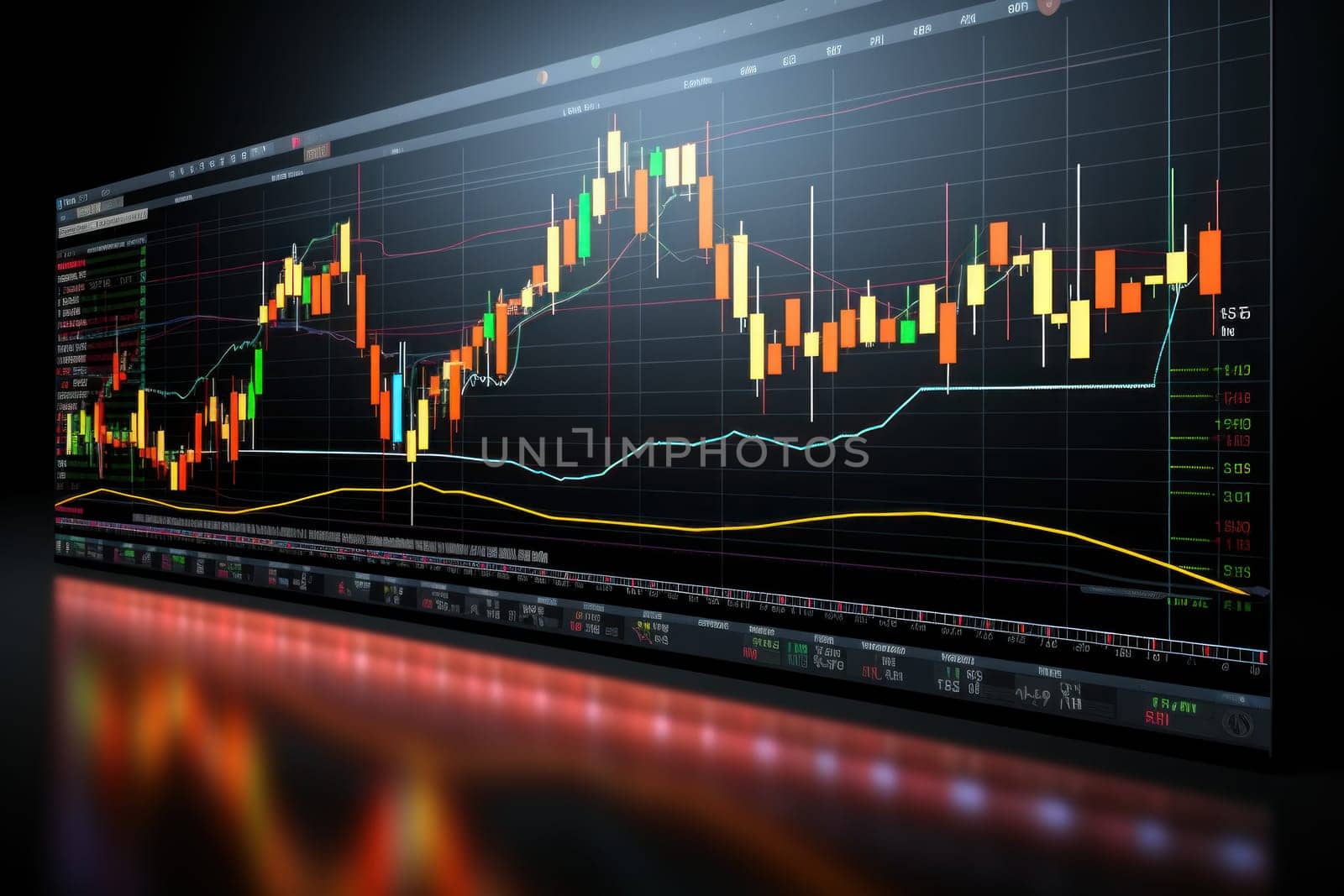 Business stock market, trading, info graphic shown on monitor display screen. Generative AI.