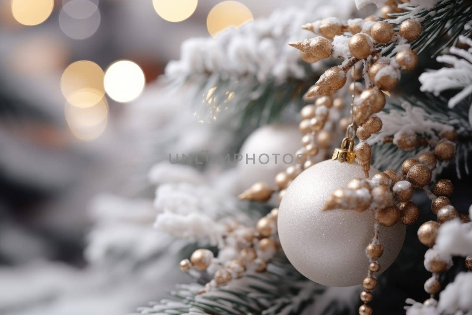 Christmas winter blurred background. Xmas tree with snow. Generative AI by golfmerrymaker