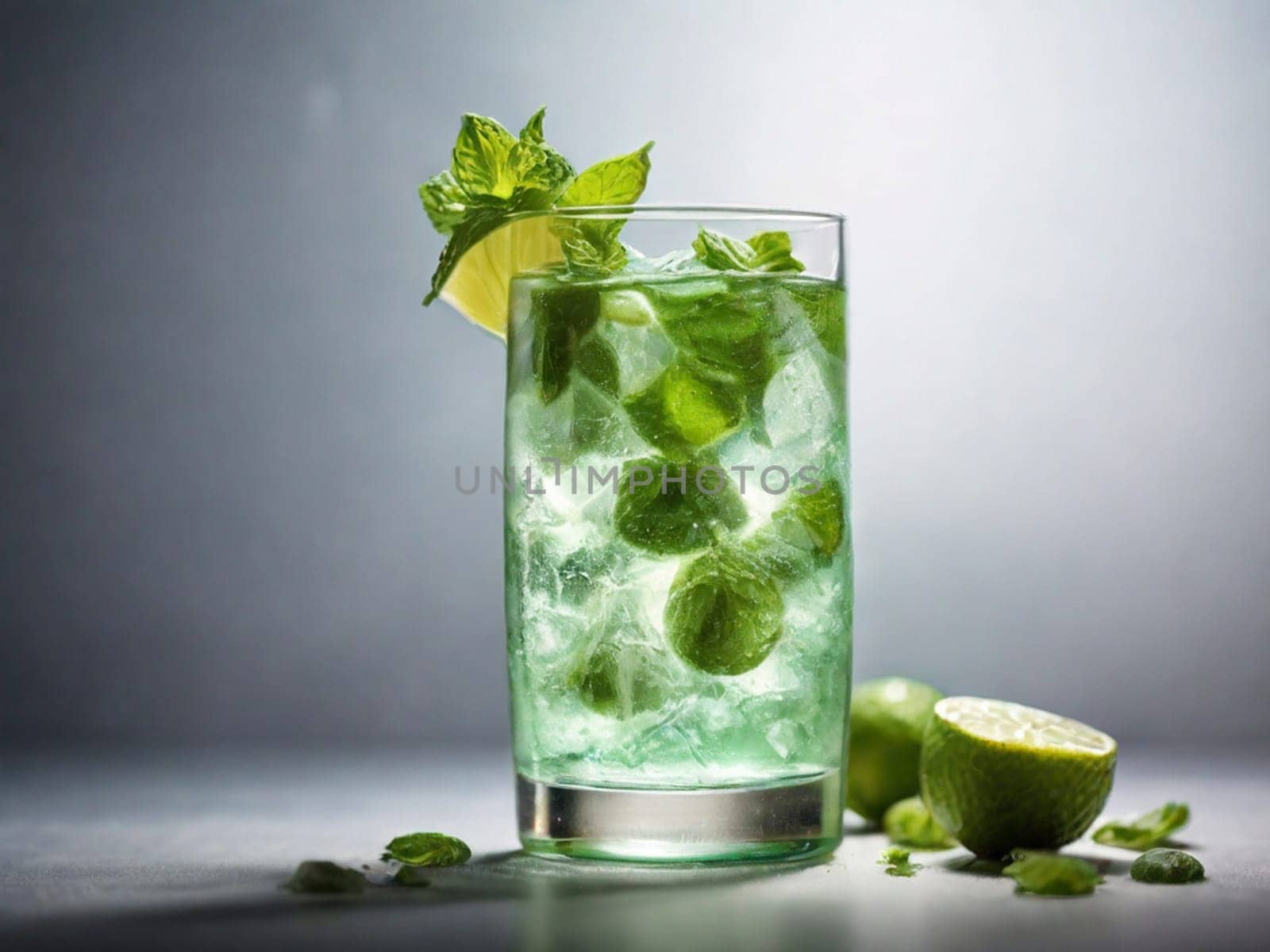 Fresh Mojito cocktail with lime, mint and ice in a glass glass on a dark background. Summer cold drink and cocktail. by Ekaterina34