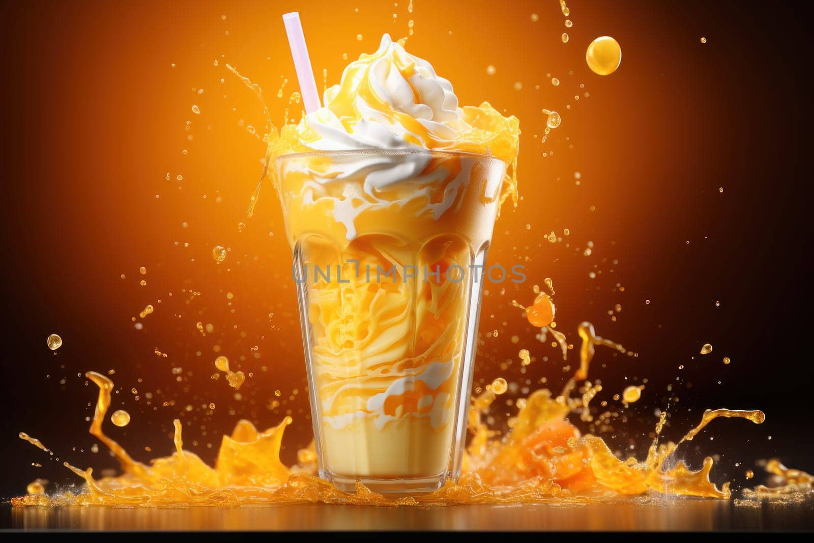 Mango smoothie frappe effect swirling wave Mango milk splash around glass. Generative AI.