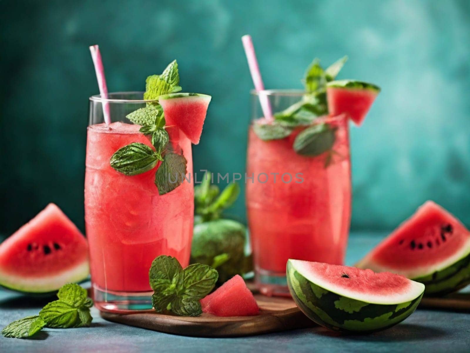 A cold summer cocktail, a watermelon margarita or mojito with watermelon and lime slices, crushed ice and mint. Seasonal refreshing drink on dark green background by Ekaterina34