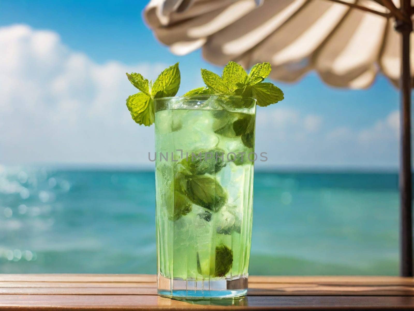 Fresh summer mojito cocktail with lime, mint and ice on a table on the beach in front of the sea. Summer cold drink and cocktail