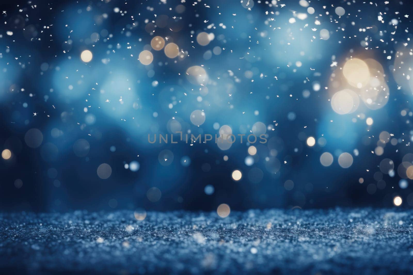 Moody christmas snow and light bokeh backgroud. Generative AI.